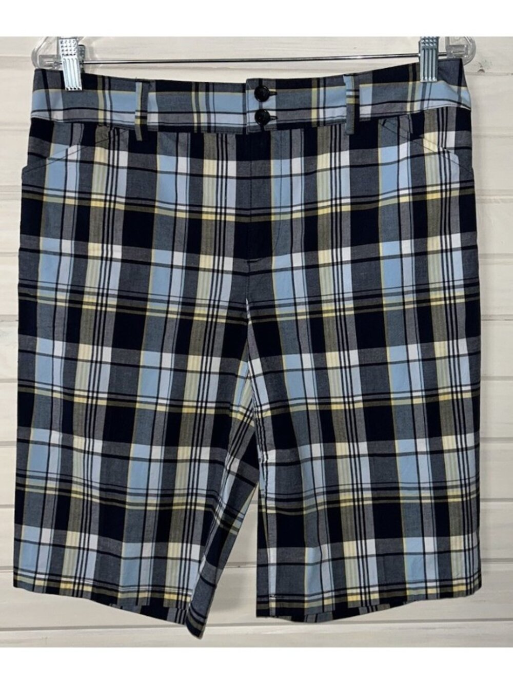 NWT Christopher & Banks Sz 8 Bermuda Shorts Madras Blue Plaid Cotton Stretch